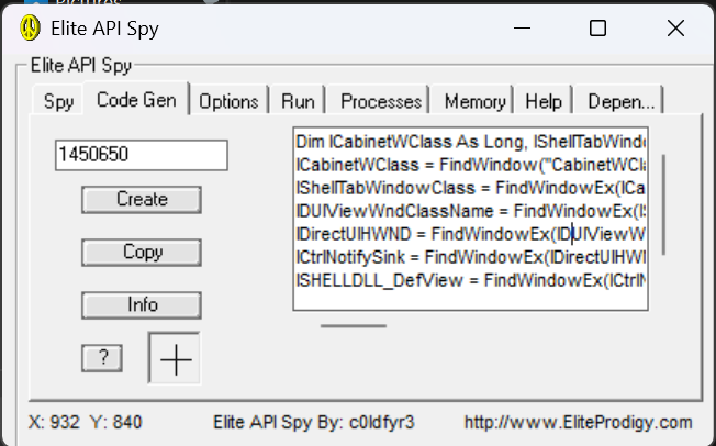 Elite API Spy code generator showing generated Visual Basic window-search code