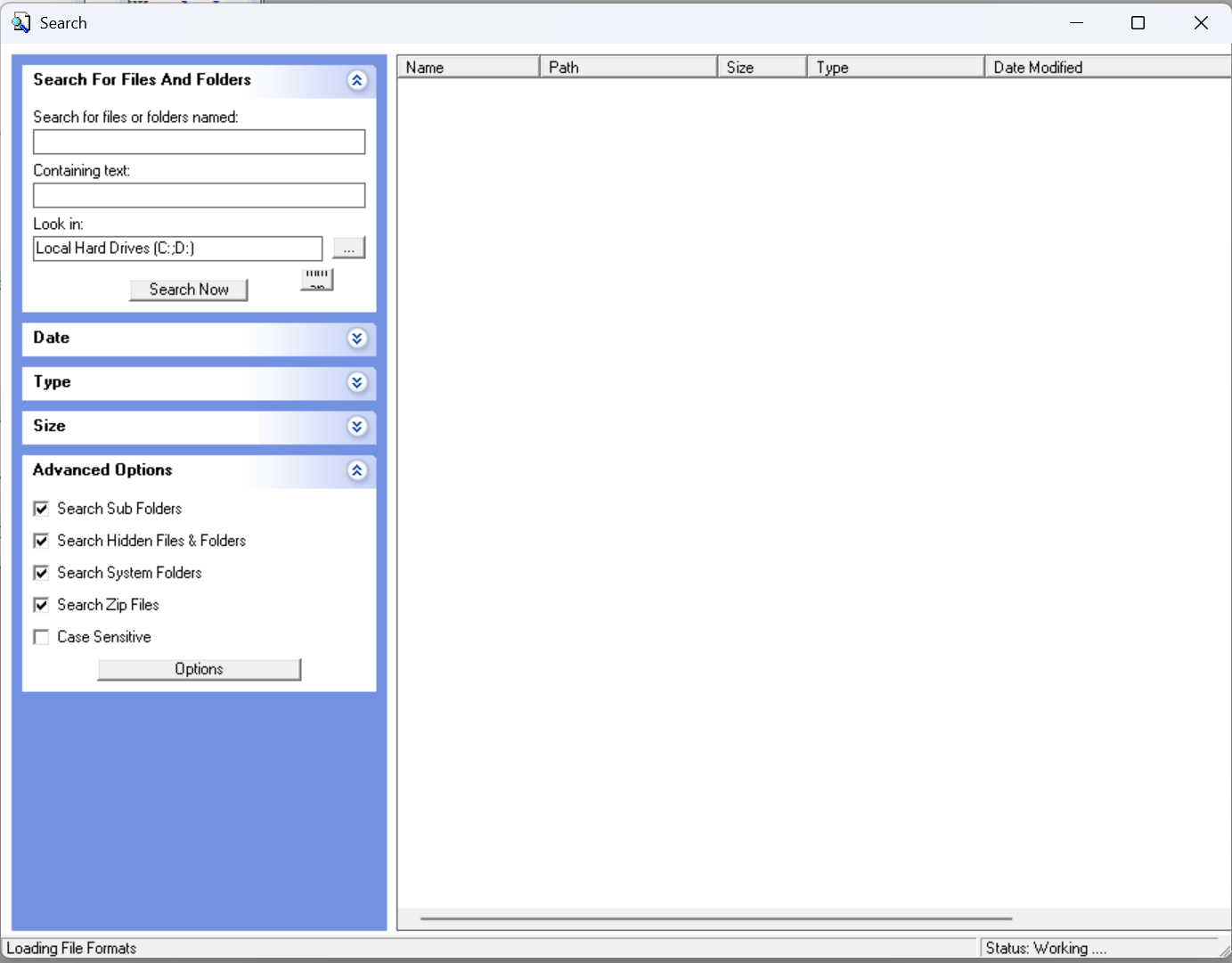 XP Search interface with name, content, location and detailed filter controls